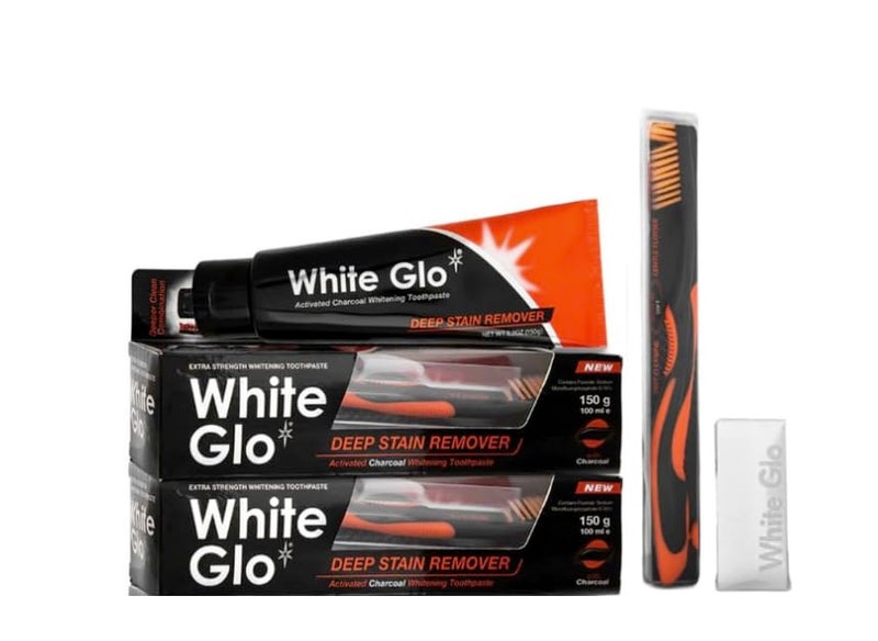 White Glo Charcoal Deep Stain Remover Toothpaste, 100ml -Pack of 2 with Sanitral 50 Pcs Dental Floss Stick Included as a Gift